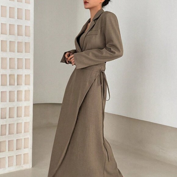 Brown Preppy Womens Women's Solid Color Slim Fit Double Breasted Blazer - Picture 5 of 5